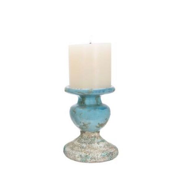 7" Blue Distressed Terracotta Pillar Candleholder. Heavy nice piece - Picture 3 of 10